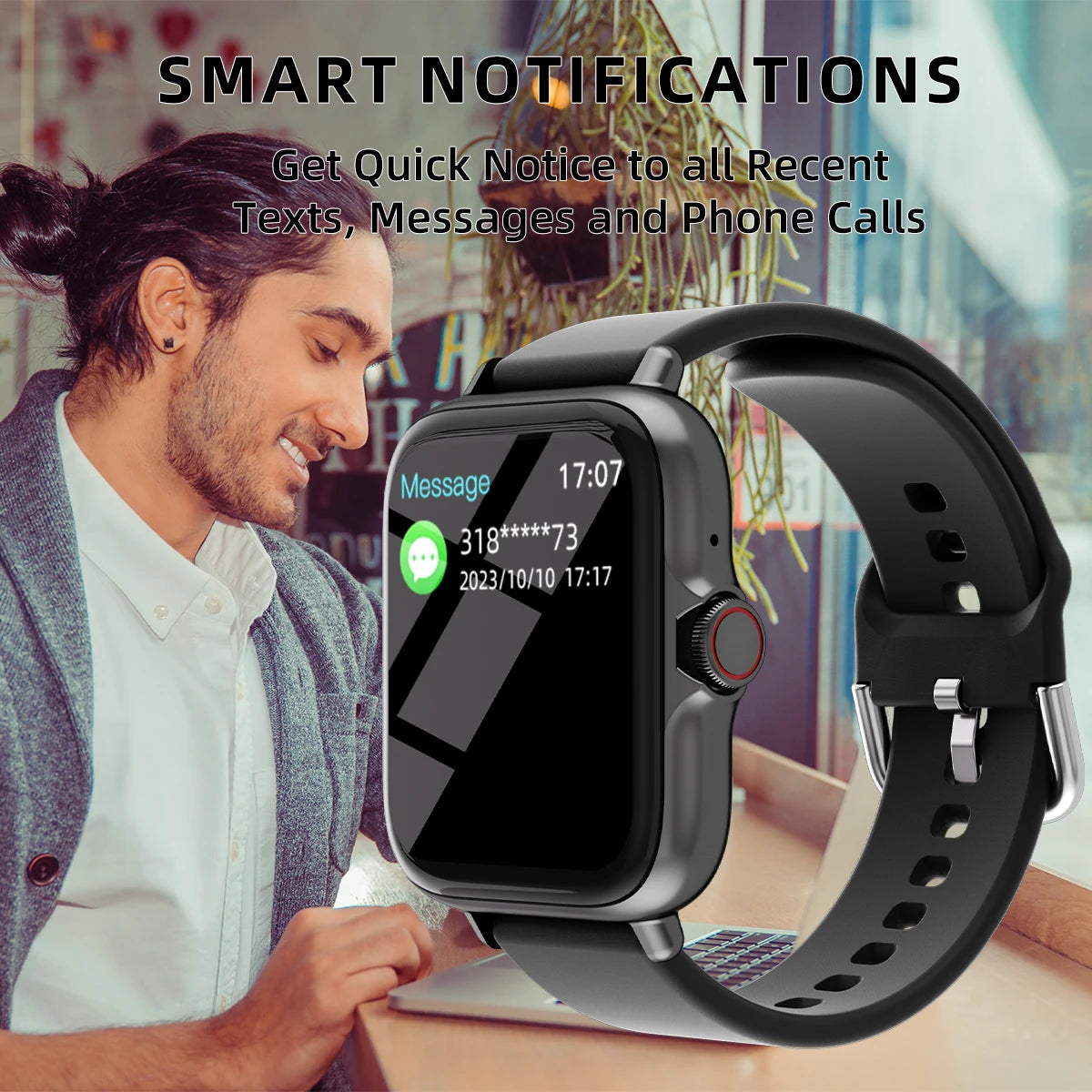Waterproof smart watch displaying message notifications with call alerts, perfect for fitness tracking and connectivity.