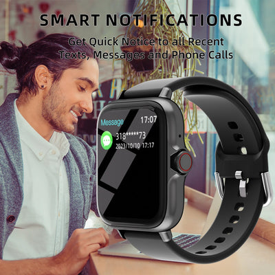 Waterproof smart watch displaying message notifications with call alerts, perfect for fitness tracking and connectivity.
