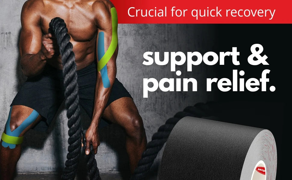 Athlete using kinesio tape for muscle support and pain relief, promoting quick recovery during fitness activities.