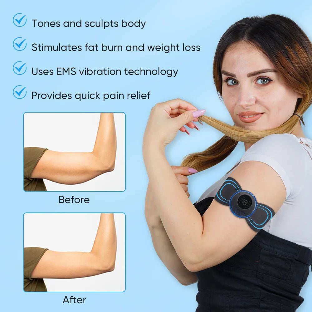 Before and after EMS arm toning treatment showing body sculpting and pain relief benefits.