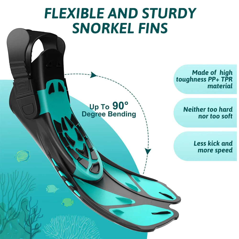 Flexible and sturdy snorkel fins with high toughness material for smooth swimming and diving experience.