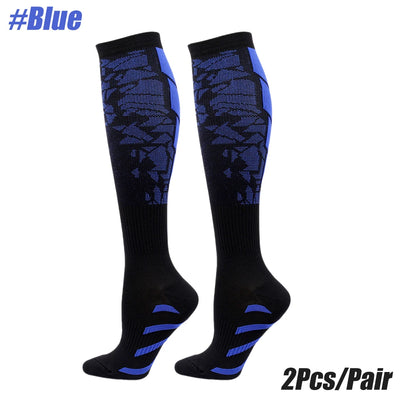 Blue compression socks for men and women, calf support for running and sports, sold in pairs.