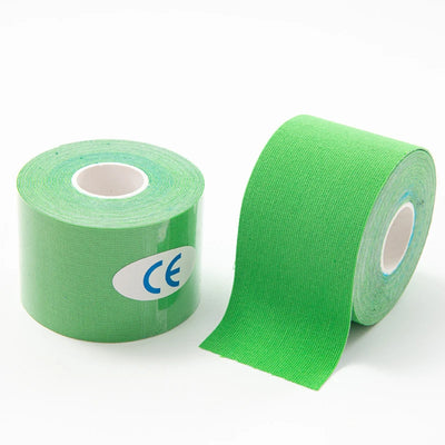 Green kinesiology tape rolls for muscle support and knee pain relief, ideal for athletic recovery and fitness.