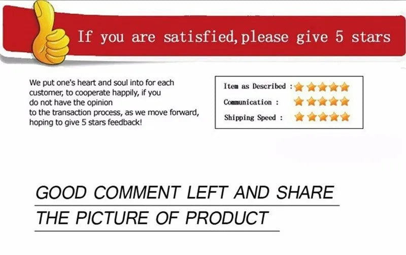Customer satisfaction reminder with a thumbs up graphic and text urging for 5-star reviews.