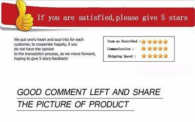 Customer satisfaction reminder with a thumbs up graphic and text urging for 5-star reviews.
