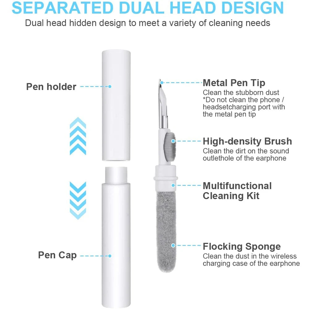 Bluetooth earphone cleaning kit showing dual head design with metal tip, brush, and sponge for effective cleaning.
