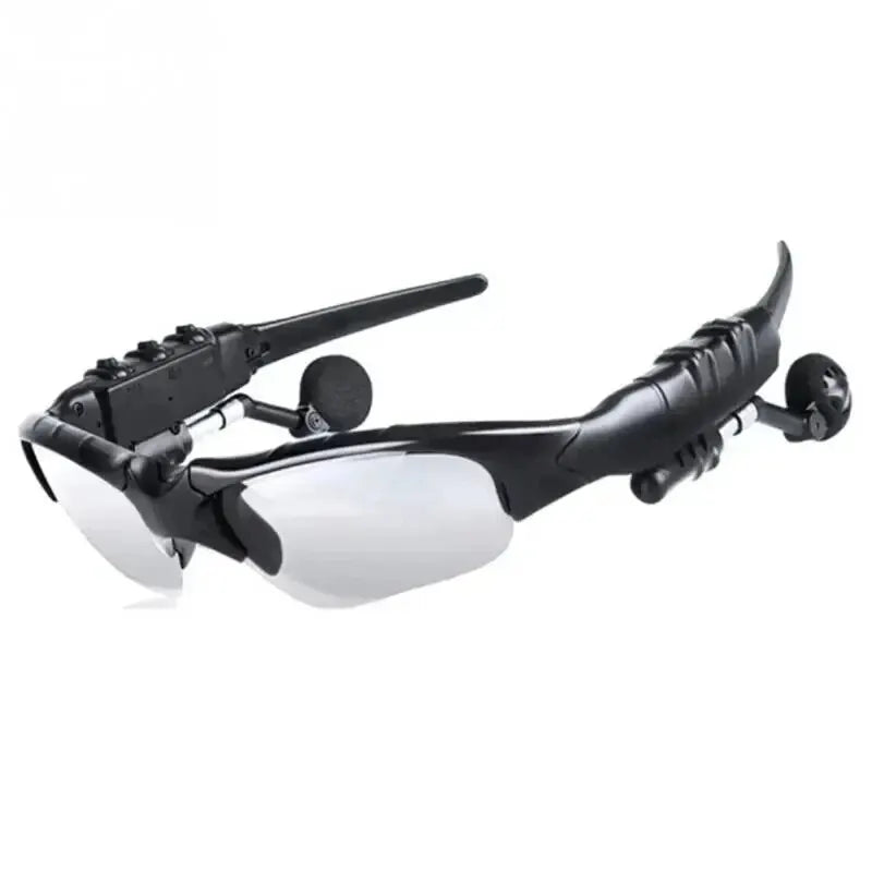 Wireless sunglasses headset with Bluetooth earphones for driving and sports activities.