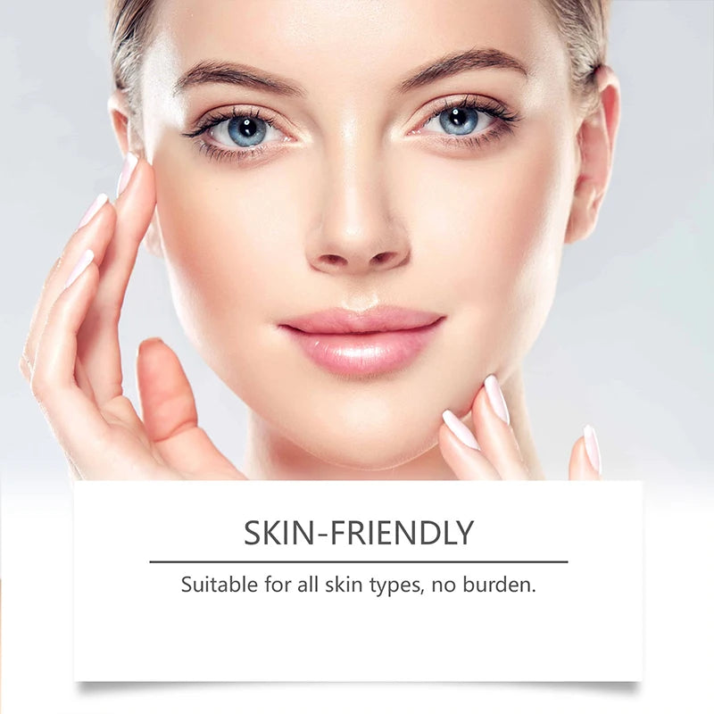 Model showcasing skin-friendly serum, suitable for all skin types, promoting a natural, healthy glow.