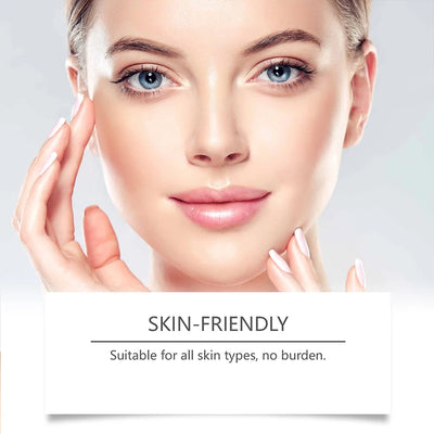 Model showcasing skin-friendly serum, suitable for all skin types, promoting a natural, healthy glow.