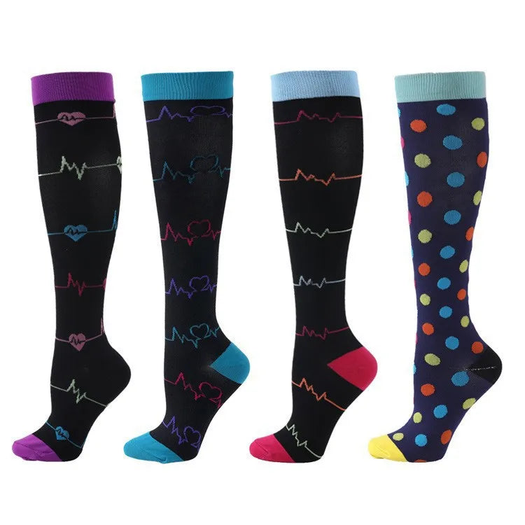 4 pairs of colorful compression socks featuring heartbeats and polka dots, ideal for medical use and outdoor activities.