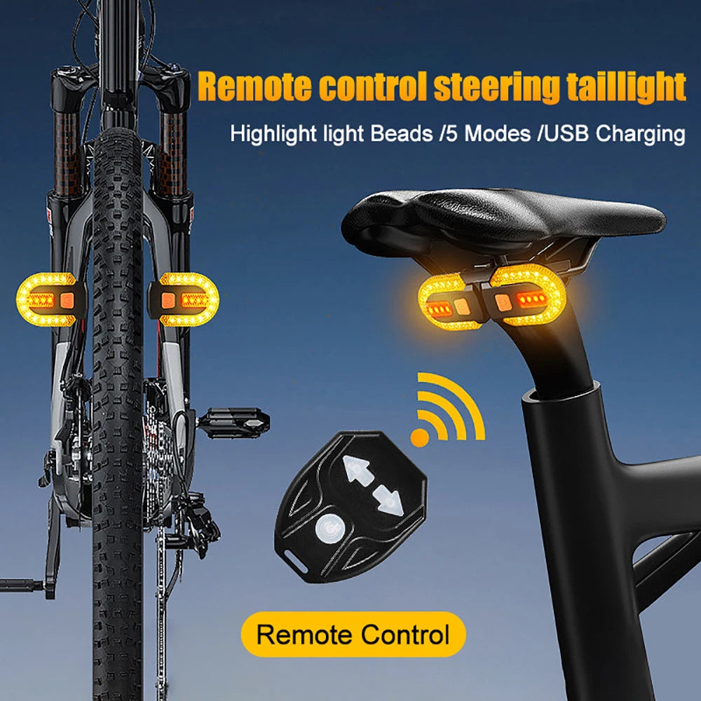Wireless bike turn signal light with remote control, highlighting USB charging, and multiple light modes.