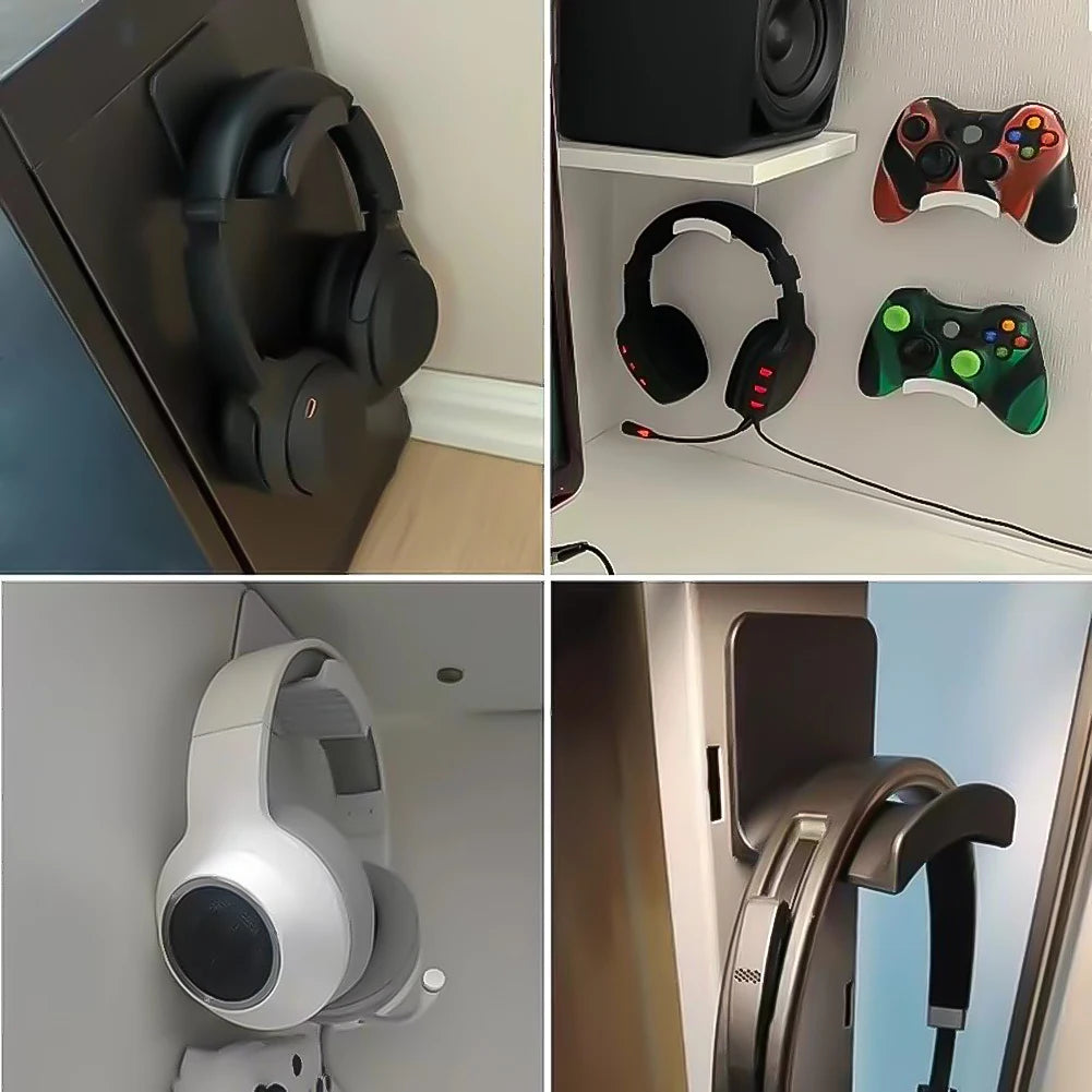 Universal adhesive headphone hanger display with various headsets and gaming controllers on wall-mounted hook.