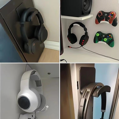 Universal adhesive headphone hanger display with various headsets and gaming controllers on wall-mounted hook.