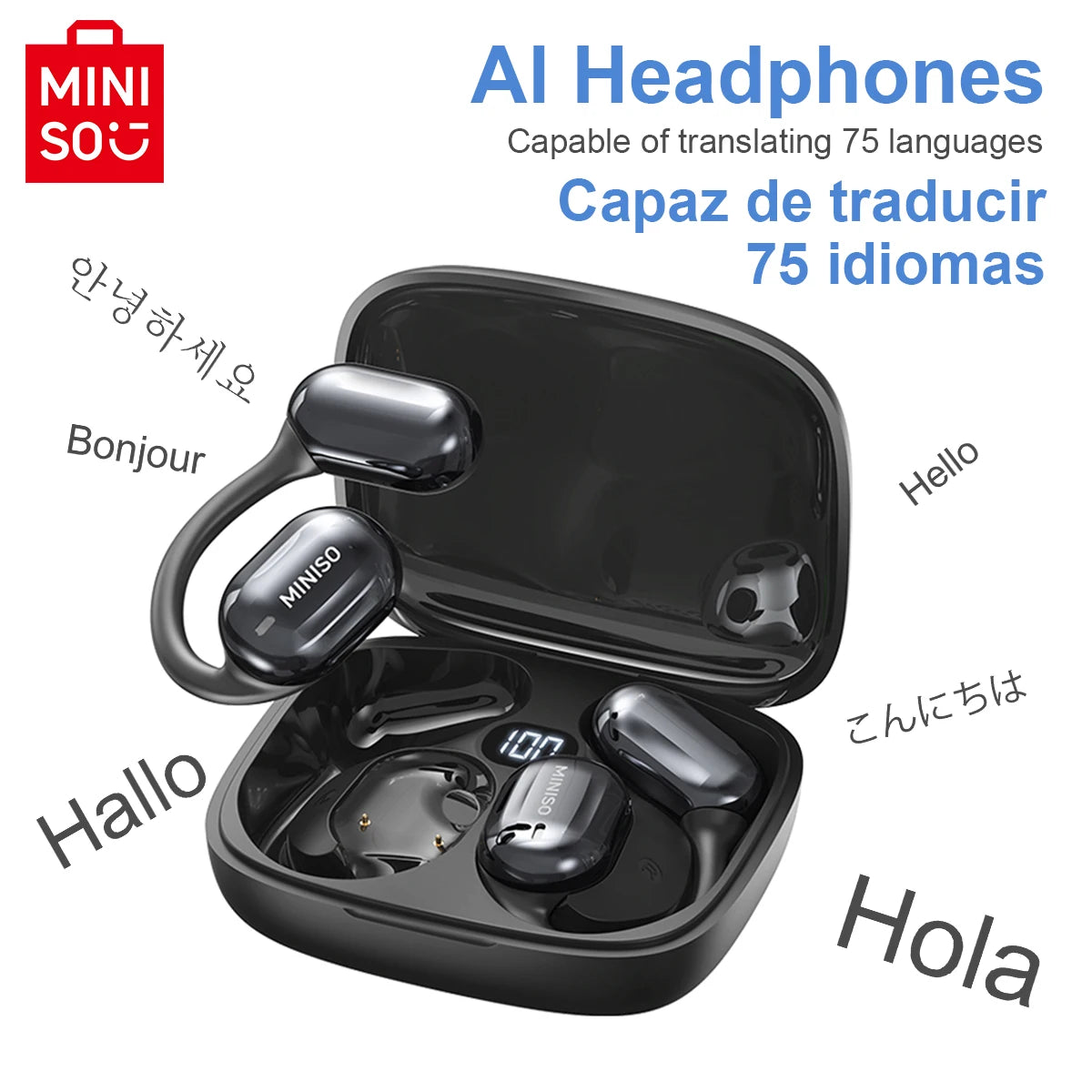 MINISO MS162 Bluetooth translation earbuds in charging case, capable of translating 75 languages, wireless headset for mobile.