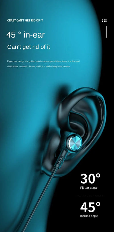 In-ear earphones showcased at a 45-degree angle, emphasizing ergonomic design and comfort for extended wear.