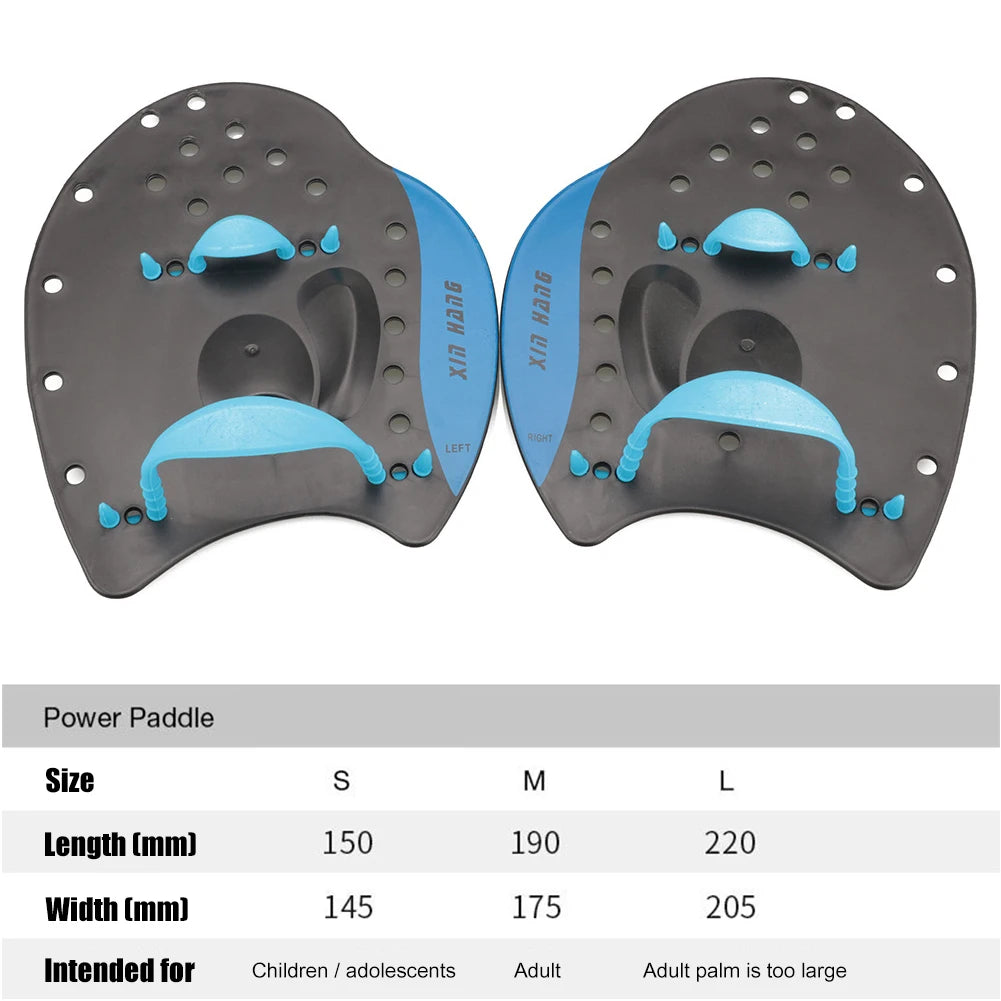 Swim paddles hand gloves with webbed fingers for professional swimmers, featuring size and dimensions chart.