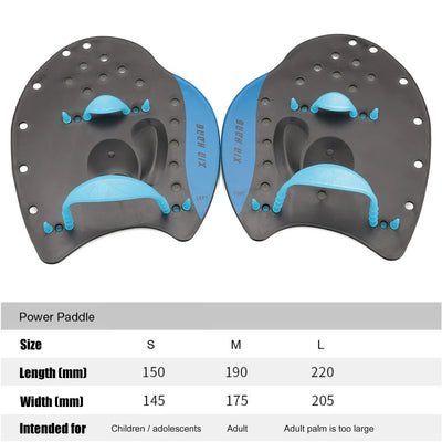 Swim paddles hand gloves with webbed fingers for professional swimmers, featuring size and dimensions chart.