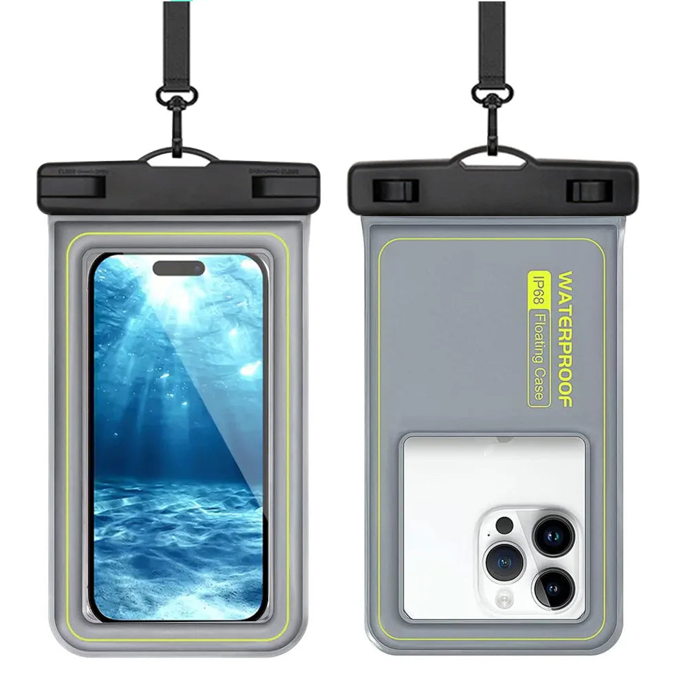 Waterproof phone bag for swimming and surfing with clear front and back, compatible with iPhone and Samsung.