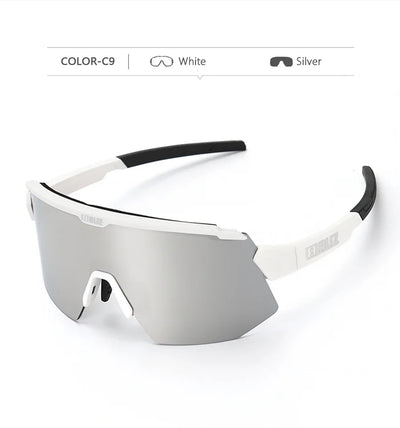 BLIZ Breeze polarized cycling glasses in white and silver, featuring UV protection for MTB and road biking.
