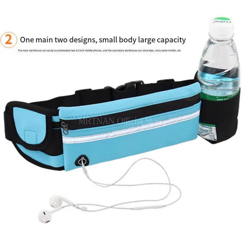 Waterproof running waist pack in blue with adjustable straps, ideal for sports and phone storage, featuring a bottle holder and earphone access.