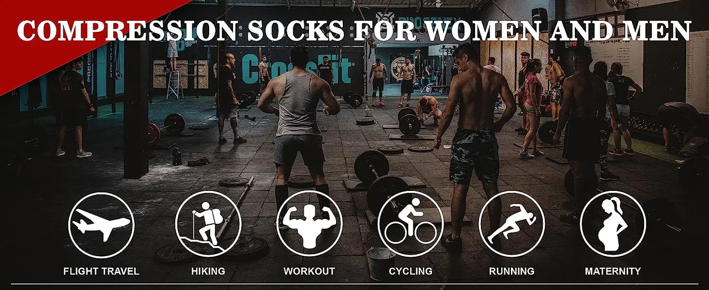 Compression socks for women and men; ideal for flight travel, hiking, workouts, cycling, running, and maternity use.