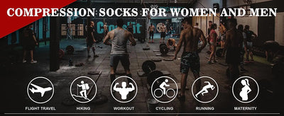 Compression socks for women and men; ideal for flight travel, hiking, workouts, cycling, running, and maternity use.