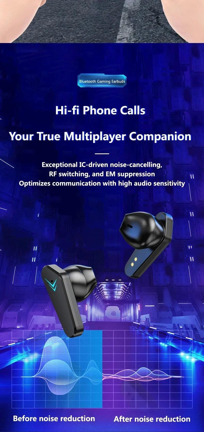 Hi-fi Bluetooth earbuds with noise-cancellation feature, ideal for gaming and phone calls, showcasing sound optimization technology.