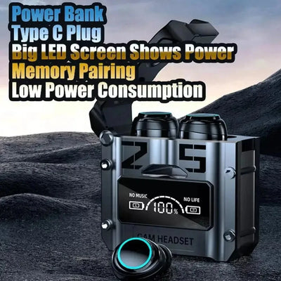 Power bank with Type C plug, LED screen displaying power, and low power consumption for wireless earbuds.