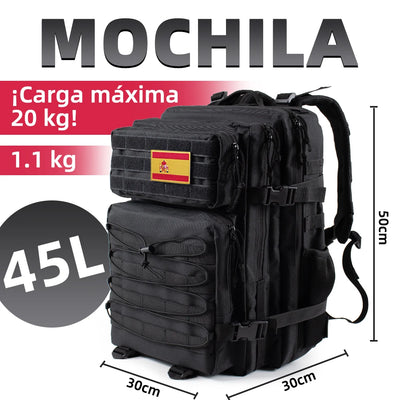 Tactical 45L backpack in black with Spanish flag, ideal for hiking, camping, and outdoor activities, featuring adjustable straps.