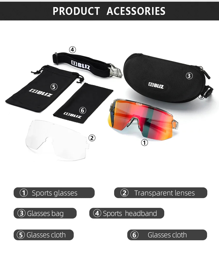 BLIZ cycling sunglasses accessories including transparent lenses, glasses bag, headband, and cleaning cloths.