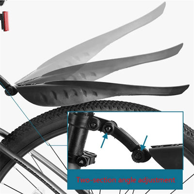 Bicycle fender made of soft plastic with two-section angle adjustment for effective splash protection.