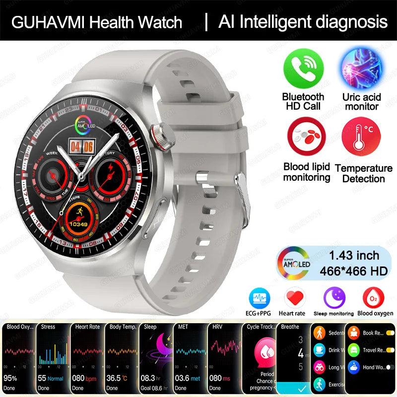 GUHAVMI health smartwatch with AI diagnosis, Bluetooth HD call, temperature detection, and multiple health tracking features.