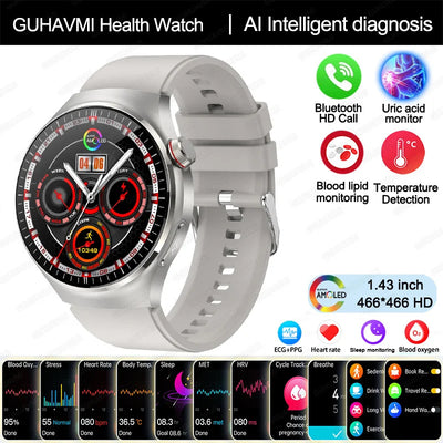 GUHAVMI health smartwatch with AI diagnosis, Bluetooth HD call, temperature detection, and multiple health tracking features.