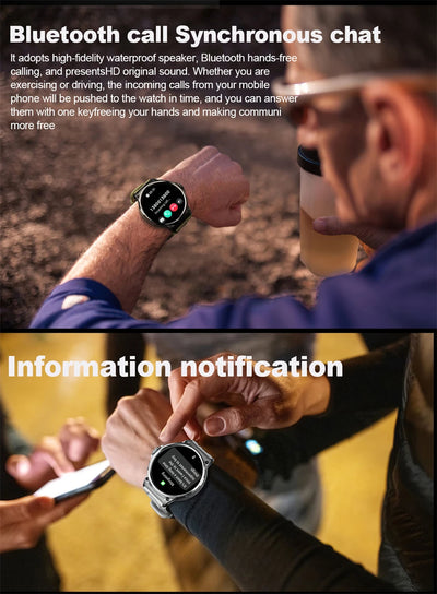 GPS smart watch displaying Bluetooth call features and notifications for hands-free communication.