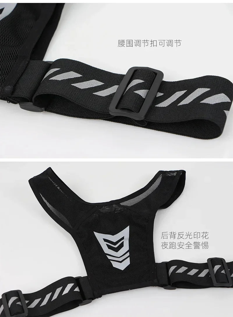 Adjustable waist strap of reflective running vest backpack for outdoor sports.