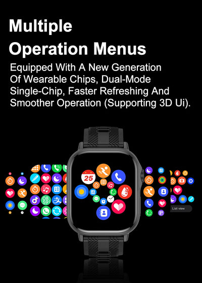 2025 smart watch with multiple operation menus, featuring dual-mode chip and smooth 3D UI interface.