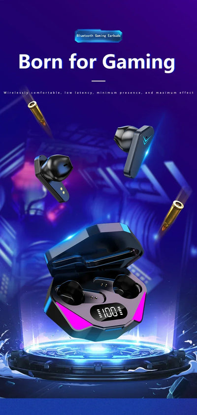 TWS wireless Bluetooth headphones in charging case, designed for gaming with low latency and noise cancellation.