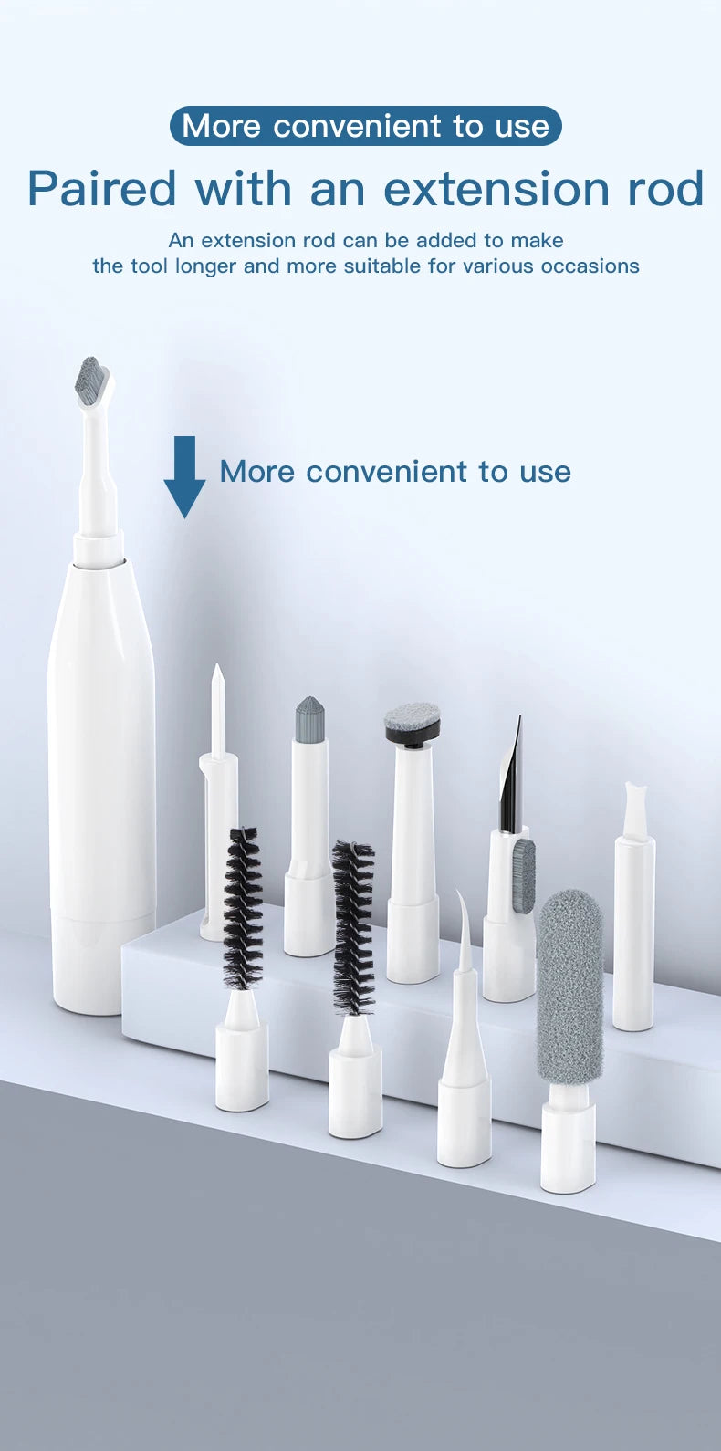 Display of a 22-in-1 cleaning kit tools for iPhone, iPad, and other devices with extension rod option for versatility.