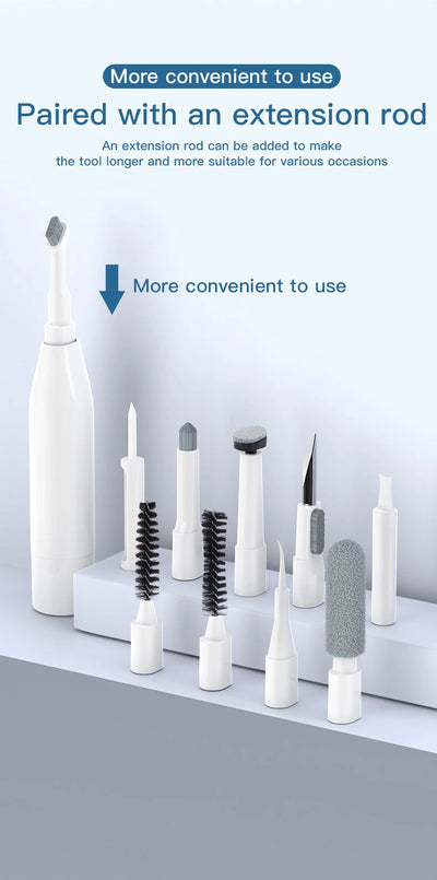 Display of a 22-in-1 cleaning kit tools for iPhone, iPad, and other devices with extension rod option for versatility.