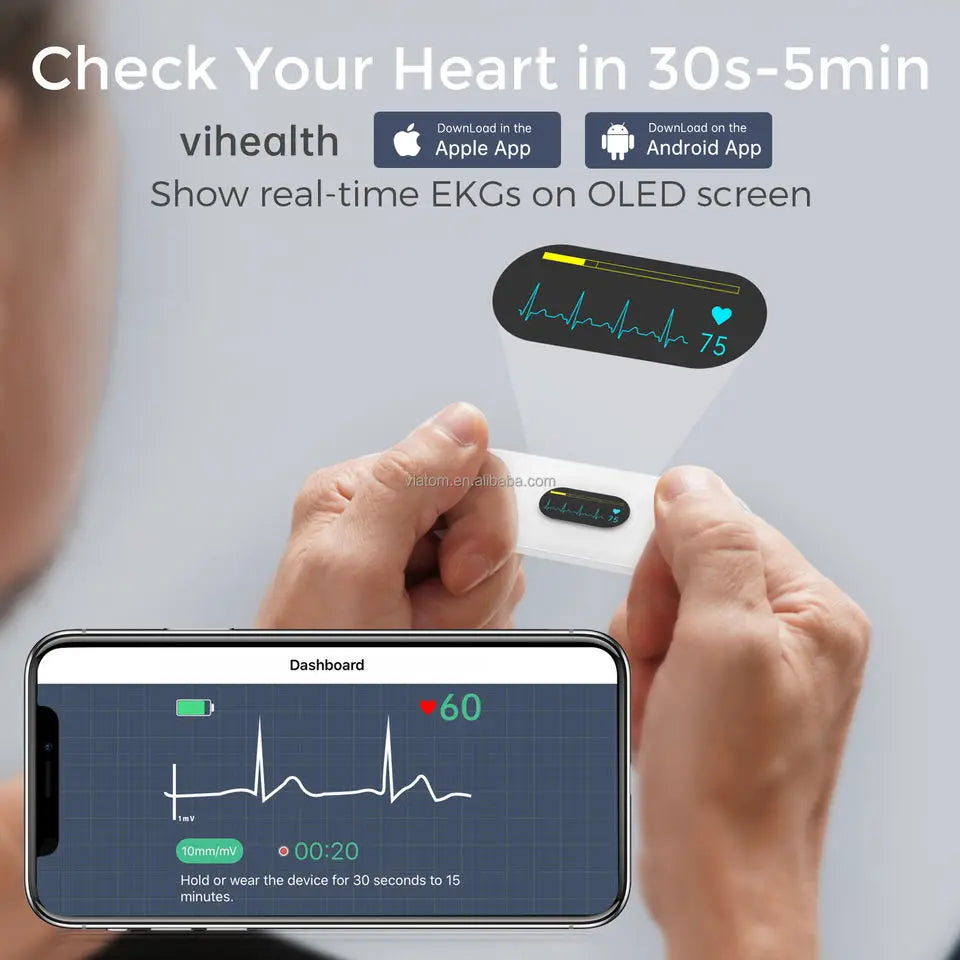 Pocket ECG Monitor displaying real-time EKG data on OLED screen, supporting iOS and Android apps for heart health.