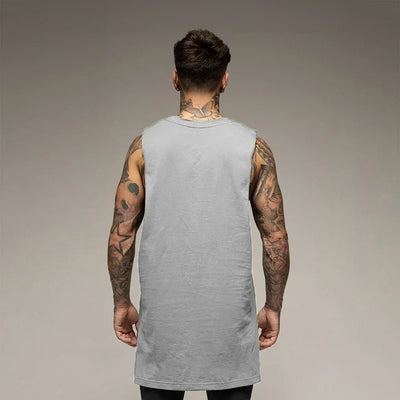 Back view of a man wearing a solid color gray sleeveless gym tank top, ideal for bodybuilding and fitness.