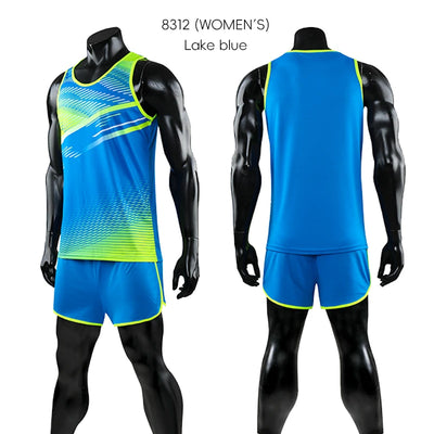 Custom women's running suit in lake blue, featuring breathable fabric ideal for track and field sports.