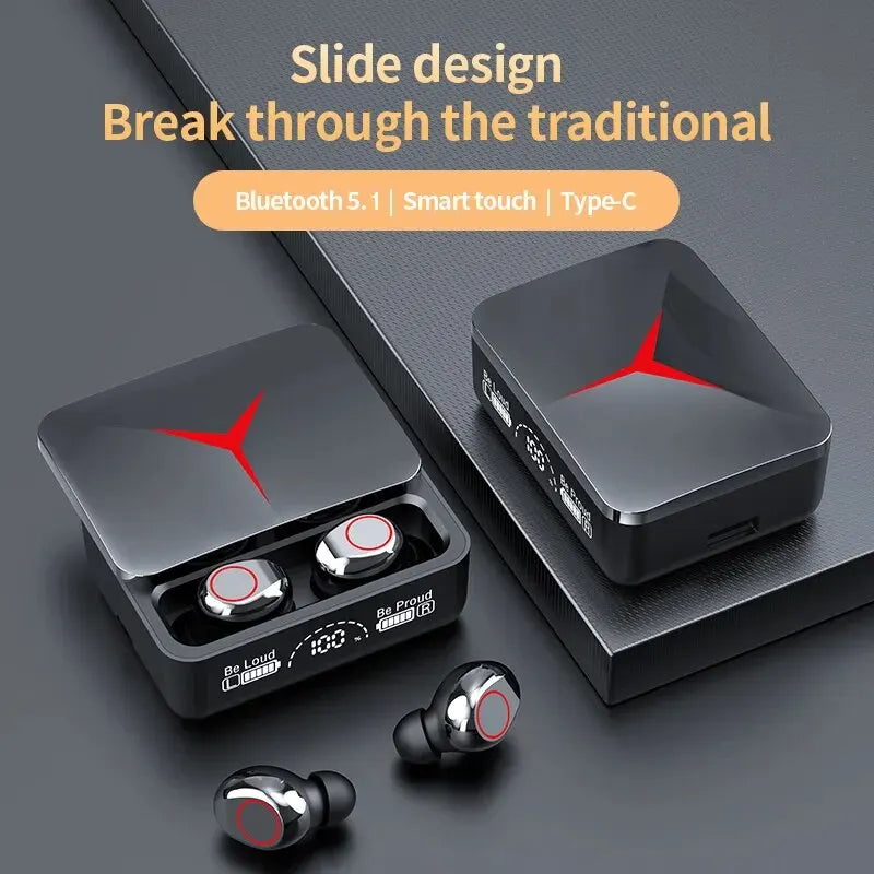 TWS wireless earbuds with slide design, Bluetooth 5.1, smart touch controls, and Type-C charging case.