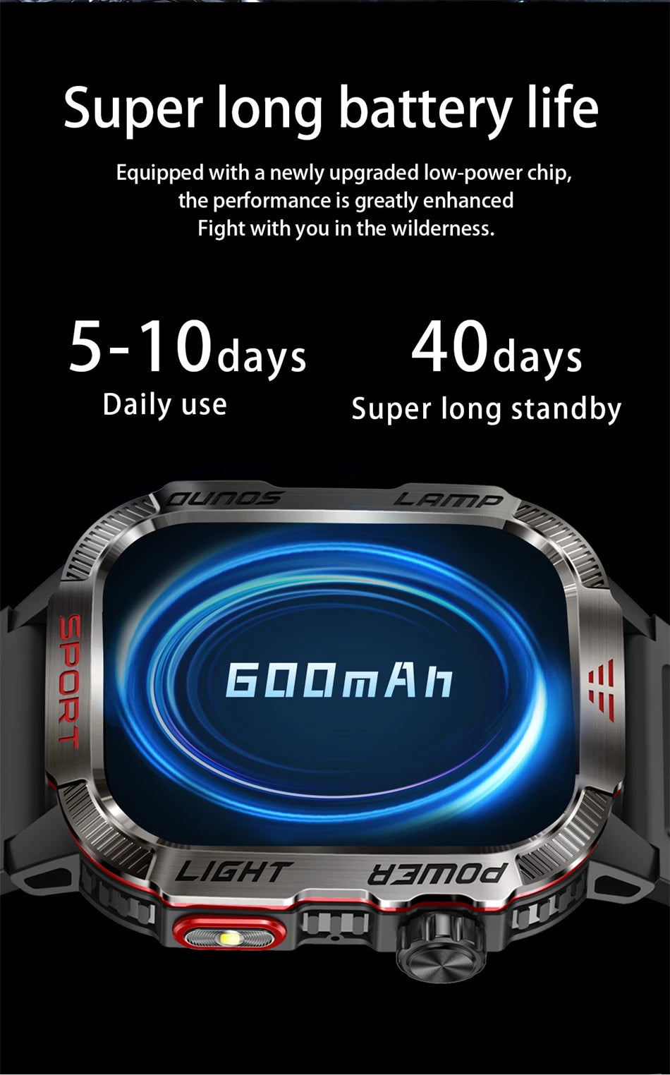 Military GPS smartwatch featuring 600mAh battery for 5-10 days use and 40 days standby, ideal for outdoor activities.