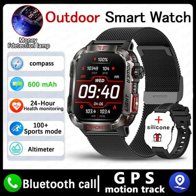 Military GPS smart watch with waterproof design, flashlight, compass, Bluetooth, and activity tracking features.