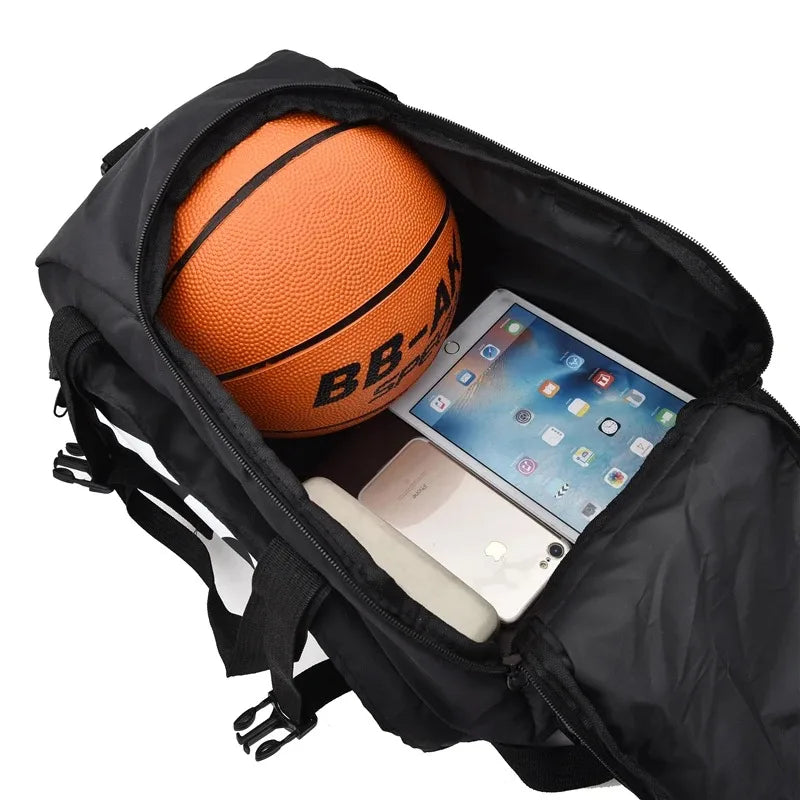 Gym bag with basketball, tablet, and charger inside, showcasing waterproof fitness gear for men and women.