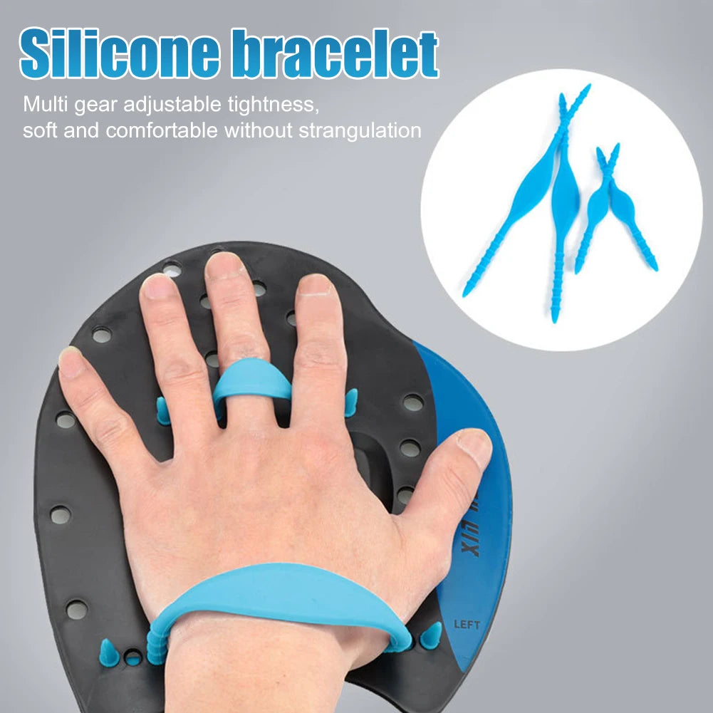 Silicone swimming paddle bracelet with adjustable fit for comfort and grip during swimming exercises.