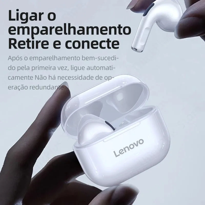 Lenovo wireless Bluetooth earphones in charging case with touch control for easy pairing and connectivity.