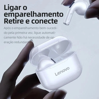 Lenovo wireless Bluetooth earphones in charging case with touch control for easy pairing and connectivity.