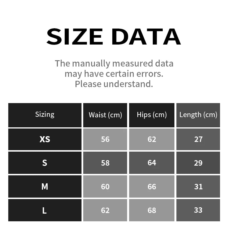Size chart for Amplify Contour Shorts women, displaying waist, hips, and length measurements in centimeters for XS, S, M, and L.